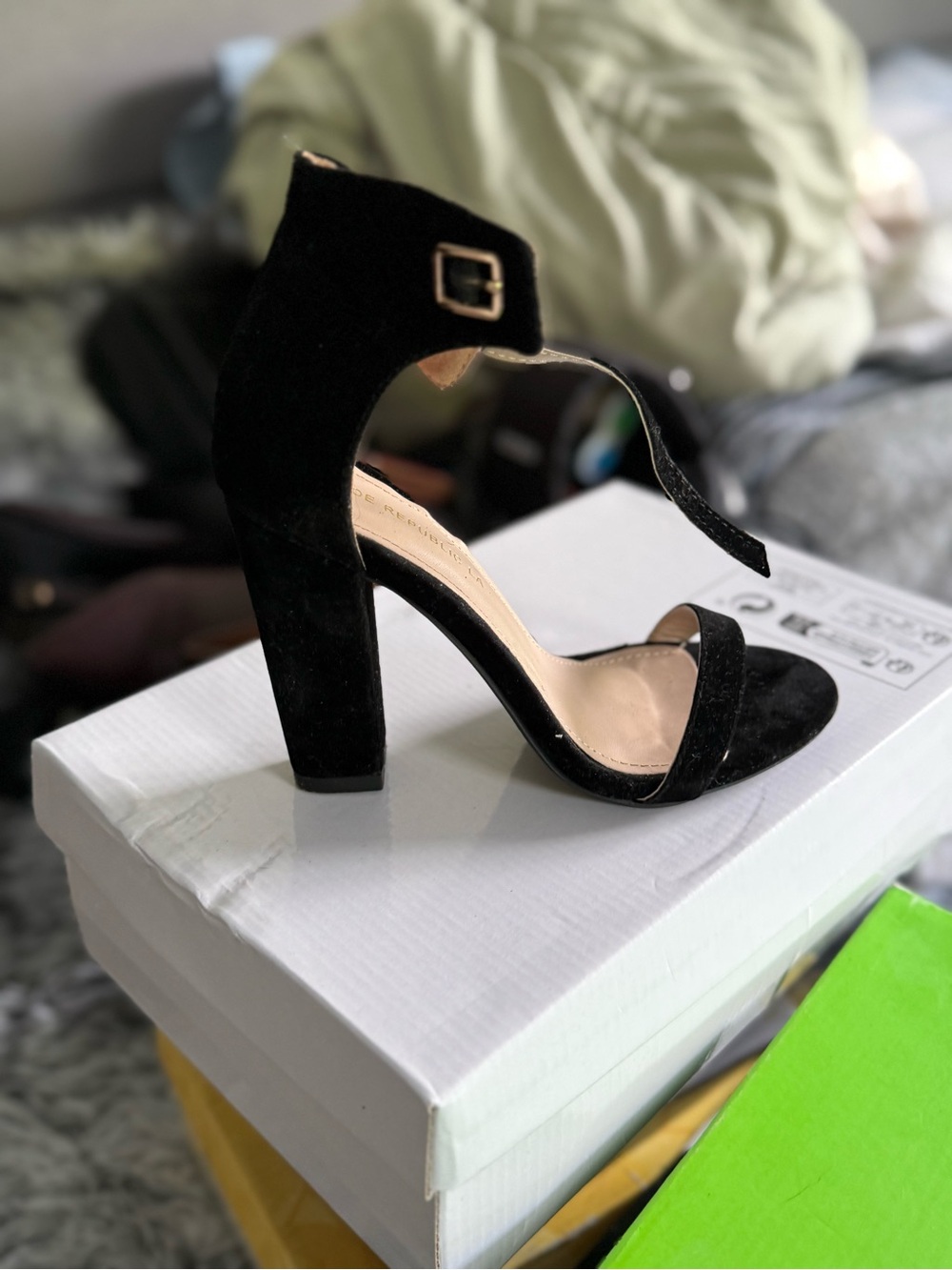 SHEIN Black Suede Block Heel Sandals with Ankle Buckle